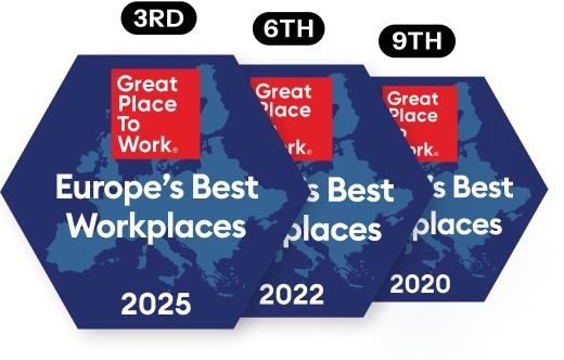 Great Place to Work Europe badges - third place in 2025