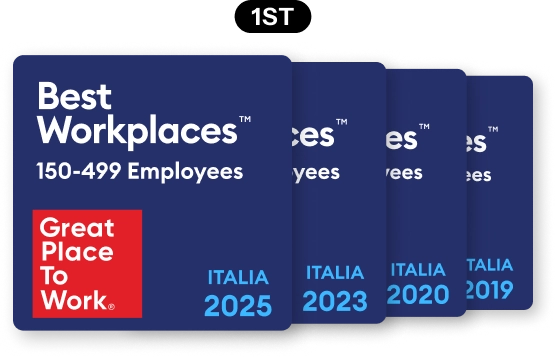 Great Place to Work Italy badges - first place in 2025, 2023, 2020, and 2019